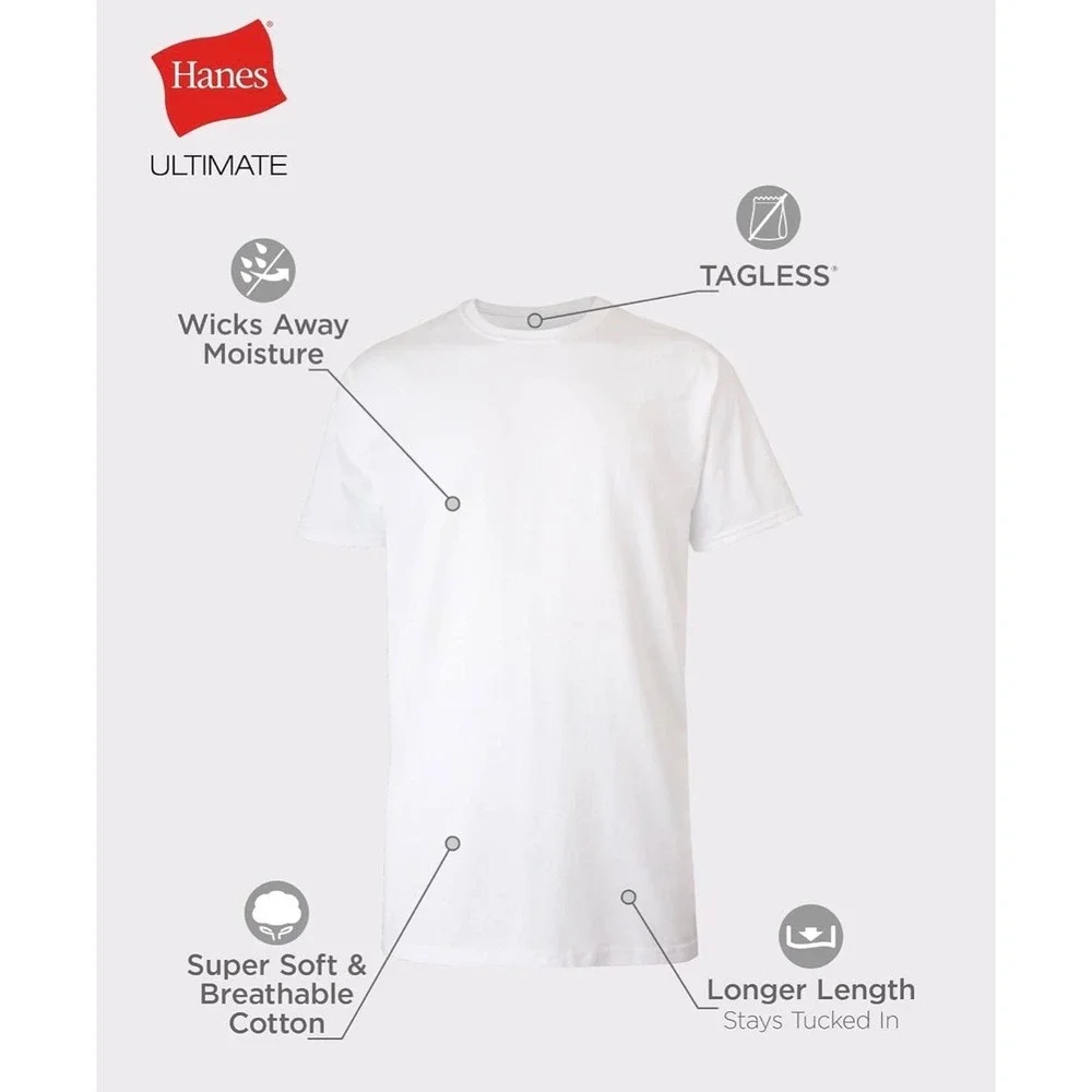 NEW Hanes Ultimate Tall Man White Crew Neck T-Shirts 4 Pack Soft Cotton Tagless